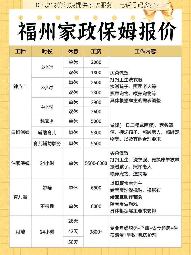 100 块钱的阿姨提供家政服务，电话号码多少？