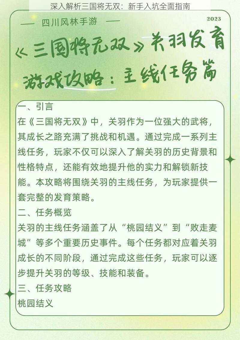 深入解析三国将无双：新手入坑全面指南