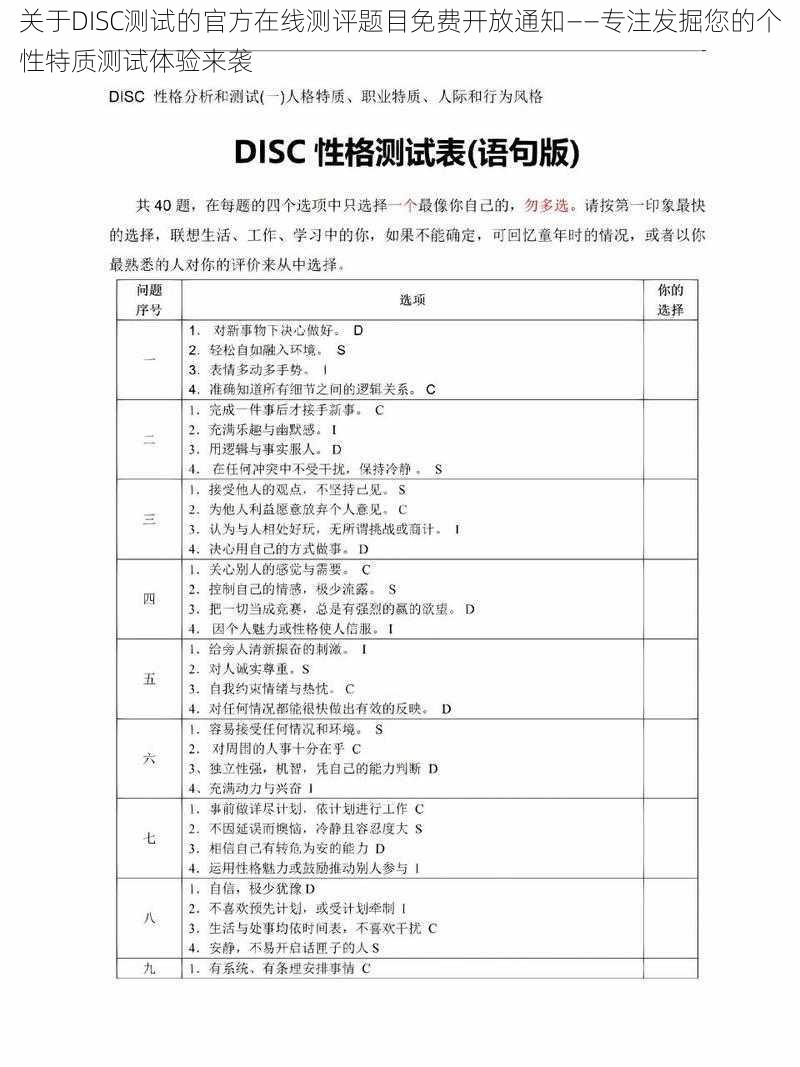 关于DISC测试的官方在线测评题目免费开放通知——专注发掘您的个性特质测试体验来袭